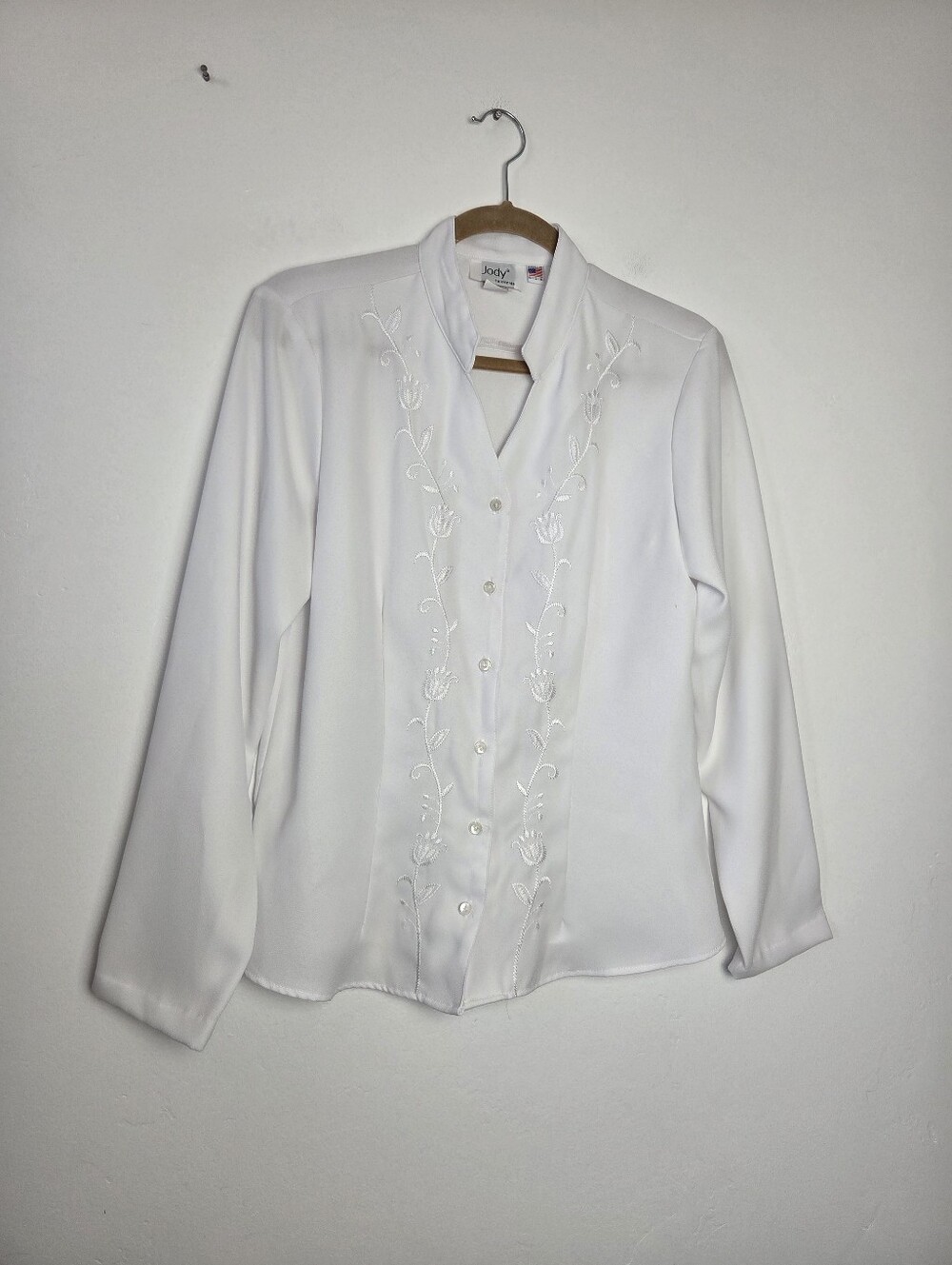 Vintage Jody California White Blouse Top Button Floral Embroidery Church Formal